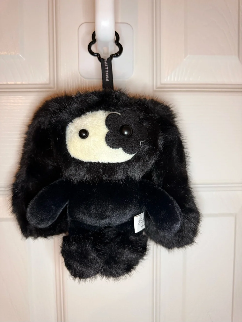 Plush Black and White Bunny Clip-On Keyring Charm with Flower Eye